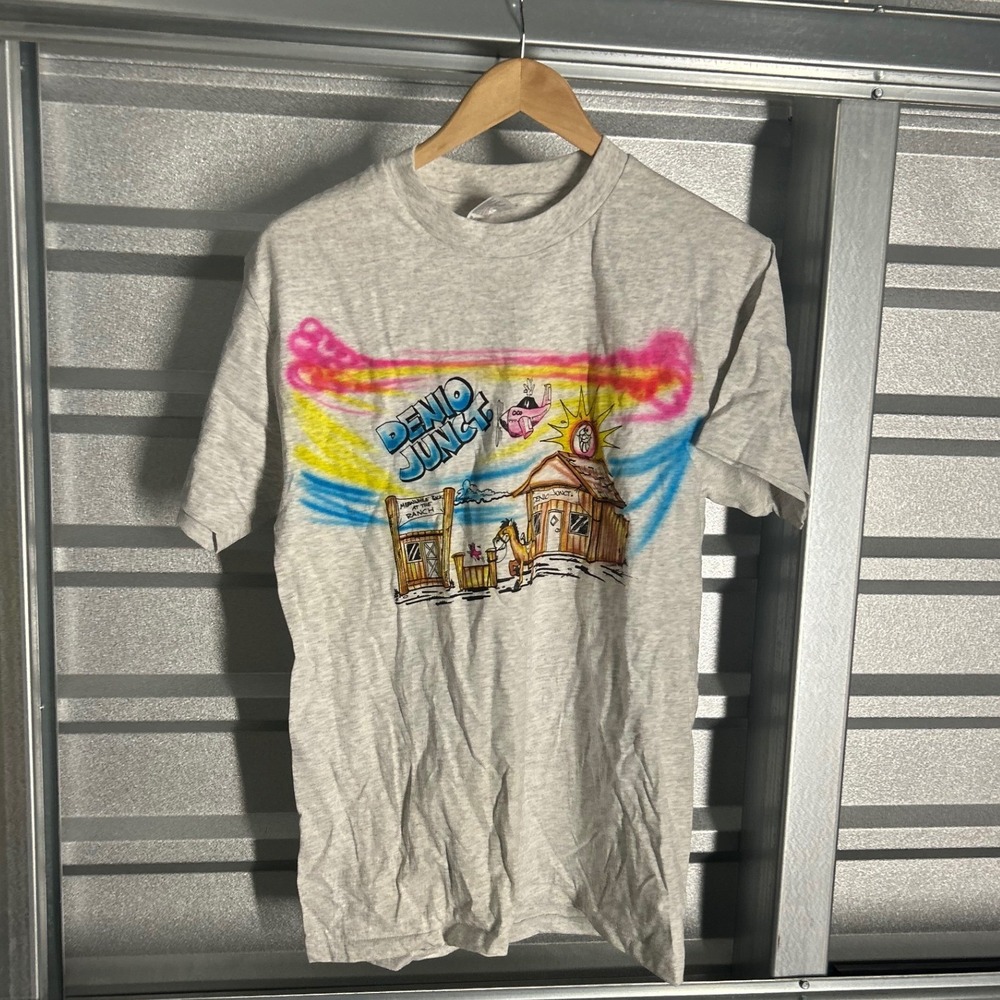 VINTAGE Hanes T Shirt Men Medium Gray Denio Junction Nevada Graphic Airbrush 90s